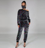 Women's Fashion Casual Sequin Long Sleeve Round Neck Two Piece Pants Set