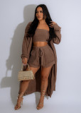 Women's Casual Fashionable Autumn And Winter Knitting Cardigan Strapless Top Shorts Three-Piece Set