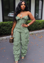 Women Sexy Strapless Single Breasted Pocket Cargo Jumpsuit