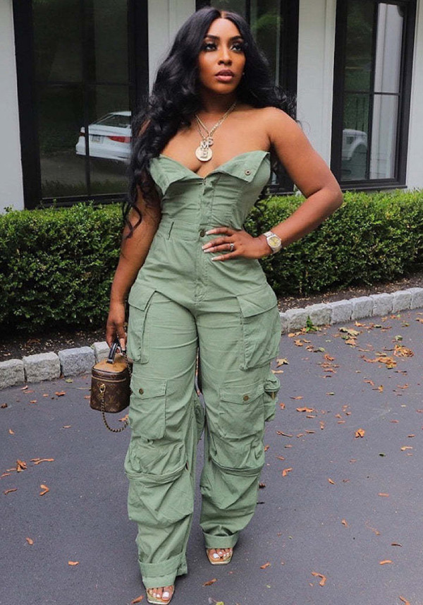 Women Sexy Strapless Single Breasted Pocket Cargo Jumpsuit