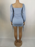 Women Sexy Drawstring Pleated Bodycon Long Sleeve Dress