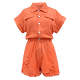 Women Washed Ripped Shorts Casual Elastic Waist Jumpsuit