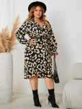 Plus Size Women V-neck Loose Casual Long Sleeve Printed Dress