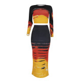 Women Sexy Ribbed Printed Top and Bodycon Skirt Two-piece Set