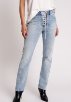 Women High Waist Washed Casual Style Denim Pants
