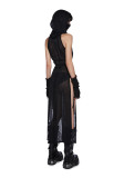 Women Summer Solid Sleeveless See-Through Sexy Hollow Backless Slit Maxi Dress