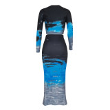Women Sexy Ribbed Printed Top and Bodycon Skirt Two-piece Set
