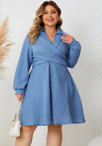 Women Turndown Collar Lace-Up Solid Long Sleeve Dress