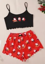 Women Santa Print Vest Suspender Top Shorts Home Wear Two-piece Set