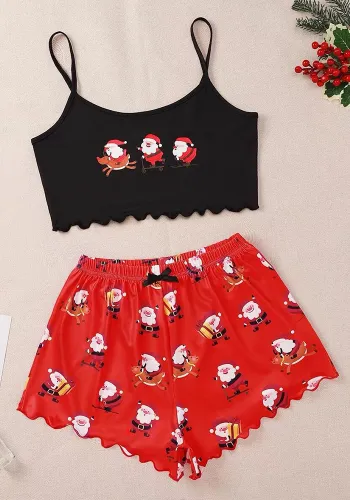 Women Santa Print Vest Suspender Top Shorts Home Wear Two-piece Set