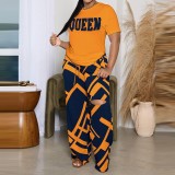 Women Summer Printed Short Sleeve Top and Casual Ripped Pants Two-piece Set