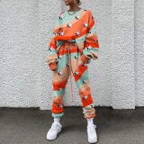 Women Print Round Neck Long Sleeve Top and Pant Casual Sports Two-piece Set