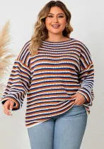 Plus Size Women Striped Loose Round Neck Top