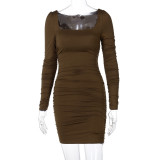 Women Autumn and Winter Square Neck Pleated Long Sleeve Sexy Dress