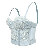Women Camisole Pearl Fitted Sexy Denim Bra Vest Shaping Corset Top
