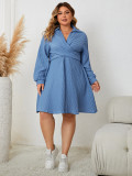Women Turndown Collar Lace-Up Solid Long Sleeve Dress