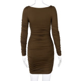 Women Autumn and Winter Square Neck Pleated Long Sleeve Sexy Dress