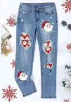 Christmas Women Printed Ripped Denim Pants