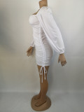 Women Sexy Drawstring Pleated Bodycon Long Sleeve Dress