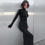 Women High Neck Long Sleeve Bodycon Maxi Dress