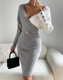 Women Autumn and Winter V-Neck Contrast Color Sexy Bodycon Knitting Dress