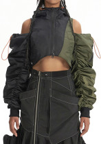 American Retro Hooded Cutout Jacket Autumn Trend Style Patchwork Drawstring Short Bomber Jacket