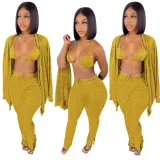 Women's Clothing Knotted Wool Cardigan Tight Fitting Slit Trousers Bra Three-Piece Outfit