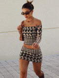 Autumn And Winter Women's Clothing Off Shoulder Long Sleeve Printed Bodycon Short Skirt Two-Piece Fashion Set