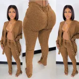 Women's Clothing Knotted Wool Cardigan Tight Fitting Slit Trousers Bra Three-Piece Outfit