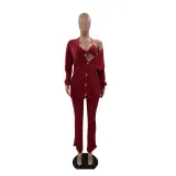 Women's Clothing Knotted Wool Cardigan Tight Fitting Slit Trousers Bra Three-Piece Outfit