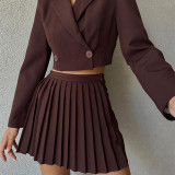 Stylish Casual Suit Slim Fit Chic Short Long Sleeve Blazer High Waist Pleated Miniskirt