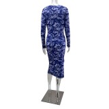 Chic Long Sleeve Printed Midi Dress Foral High Waist Side Slit Slim Fit Women's Dress