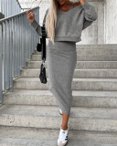 Women Winter Sleeveless Dress and V-neck Hooded Top Two-piece Set