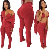 Women's Clothing Knotted Wool Cardigan Tight Fitting Slit Trousers Bra Three-Piece Outfit