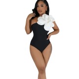 Large Flower Decorated One-Piece Swimsuit White Solid Color Sexy One-Piece Swimwear