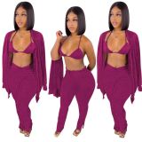 Women's Clothing Knotted Wool Cardigan Tight Fitting Slit Trousers Bra Three-Piece Outfit