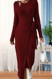 Women Long Sleeve Bodycon Dress with Bow Tie at Waist