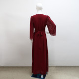 Women's Fashion Beaded Fake Two Piece Dresses Abaya Chiffon Robe