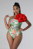 Large Flower Decorated One-Piece Swimsuit White Solid Color Sexy One-Piece Swimwear