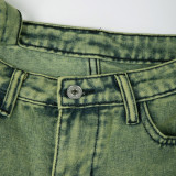 Trendy Belt Style Green Denim Skirt Women's Irregular Short Skirt