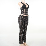 Autumn Women's Clothing Fashion Style Sexy Hollow Slim See-Through Lace Straps Two Piece Pants Set For Women