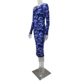 Chic Long Sleeve Printed Midi Dress Foral High Waist Side Slit Slim Fit Women's Dress