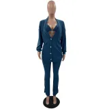 Women's Clothing Knotted Wool Cardigan Tight Fitting Slit Trousers Bra Three-Piece Outfit