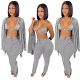 Women's Clothing Knotted Wool Cardigan Tight Fitting Slit Trousers Bra Three-Piece Outfit