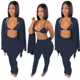 Women's Clothing Knotted Wool Cardigan Tight Fitting Slit Trousers Bra Three-Piece Outfit