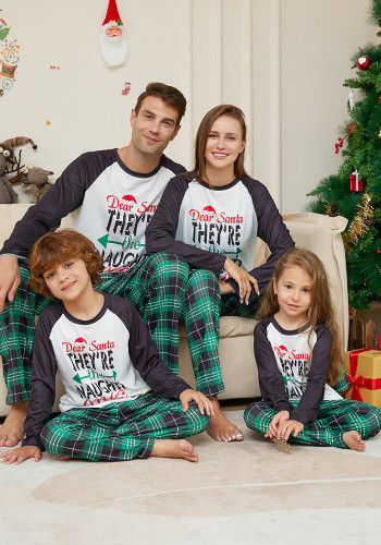 Christmas Family Wear Letter Green Plaid Print Home Clothes Pajama Two-piece Set