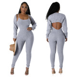 Women's Straps U Neck Sexy Tight Fitting Jumpsuit Long Sleeve Coat Two Piece Set