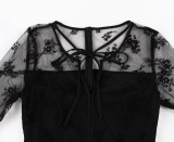 Women's Black Mesh Patchwork Long Sleeve High Waist See-Through Sexy Retro Swing Dress