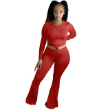 Women's Solid Color Tight Fitting Long Sleeve Bell Bottom Two Piece Pants Set