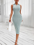 Summer Fashion Women's Solid Color Slim Waist Turndown Collar Sleeveless Knitting Dress